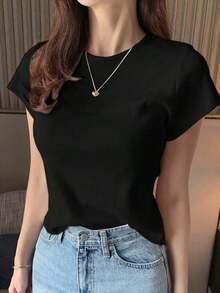 Camiseta básica de mujer de cuello redondo de unicolor de manga corta, blanca, para primavera/verano, de estilo casual de oficina - Negro - Ver 6
