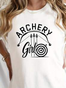 Camiseta Casual para Mujer con Estampado de Tiro con Arco - Camiseta de Manga Corta y Cuello Redondo con Estampado de "ARCHERY" y Arco Curvo, Tela de Elasticidad Media Lavable a Máquina, Ajuste Cómodo para Todas las Temporadas, Ropa de Ocio, Estilo Aventurero, Material No Transparente, 100% Algodón, Duradera - Blanco - Ver 2