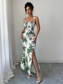 Nuevo vestido de mujer con tirantes de espagueti, lazo en la cintura, diseño de dobladillo fruncido y abertura, versátil para citas, fiestas y uso diario, favorecedora y elegante - Verde - Ver 7