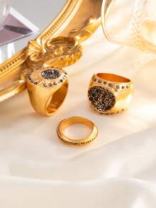 3pcs/Set Chunky Gold-Plated Seal Ring Set, Black Pave Crystal Personalized Stackable Rings, Vintage Textured Geometric Design Women's Daily Wear Jewelry - Gold - View 5