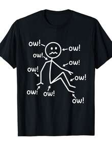 Chronic Pain Awareness T-Shirt With Smiling Character Saying "Ouch!" And Fibromyalgia Symptoms - Soft And Comfortable Crew Neck T-Shirt For Men And Women, Sizes S-XXXL, Ideal Gift For Fibromyalgia Sufferers, Casual Wear, Durable Heat Transfer Print, Short Sleeve T-Shirt For Chronic Illness Support, Relaxed Fit With Funny Hand-Drawn Character And "Ouch!" Text, All Season Wear, Perfect For Family And Friends, Chronic Pain Management Clothing, Graphic T-Shirt For Men, Graphic T-Shirt For Men, Graphic T-Shirt - 黑色 - 查看 6