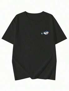 Camiseta de manga corta personalizada, holgada y relajada, con estampado de letras japonesas, versátil y casual para mujer, estilo vintage de primavera/verano, de algodón, cuello redondo y manga corta. - Negro 2 - Ver 6
