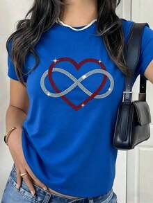 Suave Women's Rhinestone Infinity Heart Graphic T-Shirt, Black Red Diamond Print Tee, Eternal Love Valentine's Day Gift, Glam Y2K Aesthetic Short Sleeve Top, Elegant Women's Blouses - 藍色的 - 查看 6