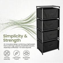 Clothes Organiser For Wardrobe Chest Of Drawers For Bedroom, 4 Drawer Fabric Storage Unit, Slim Tall Storage Tower With Metal Frame & Easy Pull Handles - Black, 4-tier - View 5
