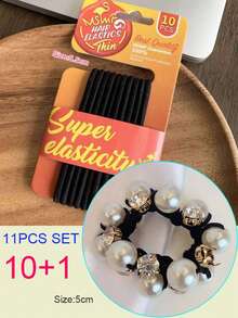 topshiny Bộ 11 dây buộc tóc co giãn kèm đá ngọc trai và đính đá, màu đen cơ bản, dùng để buộc tóc đuôi ngựa hàng ngày. - màu đen - Xem 3