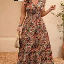 Women's Spring/Summer Bohemian Vacation Style Paisley Print Cap Sleeve Waist Tie Dress, Suitable For Spring Picnic, Easter Outing, Summer Beach Vacation, Music Festival, Flattering Ruffle Hem Dress - Multicolor - Ver 1