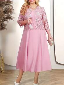 Two-Piece Cocktail Dress With Matching Embroidered Lace, New Spring-Summer Collection For Plus-Size Women - Red - View 1
