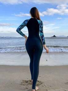 Swim Shayni 1 pieza Traje de neopreno de manga larga con cremallera y medio pliegue, con estampado de plantas tropicales, para protección solar en verano - Multicolor - Ver 2