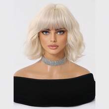 10 Inch Light Brown Wavy Bob Wig With Bangs, Natural Silky Texture Heat Resistant Synthetic Hair, Anti-Tangle Anti-Shedding Breathable Cap, Realistic Look Trending Viral Hairstyle For Daily Wear, Party, And Photoshoot Popular Women Hair Accessory - 白色 - 查看 12