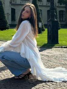 White Beach Blouse With Ruffles, V-Neck And Bell Sleeves, Exclusive Design With Long Trailing Skirt - White - View 3