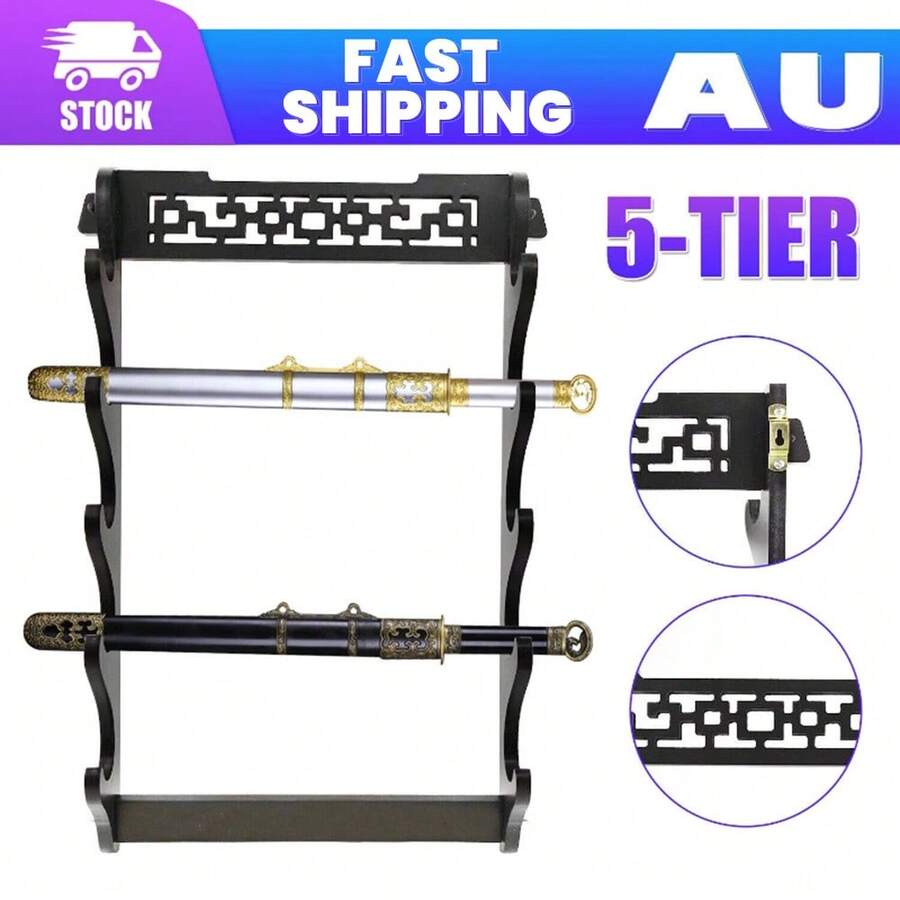5-Tier Sword Holder Wall Mount Samurai Stand Display Katana Wall Hanger Rack AU - Black - View 1