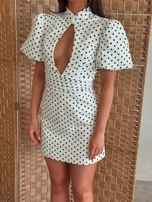 Spring 2026 Dress In European-American Style, Polka Dots With Cutouts And Puff Sleeves, Casual And Elegant Design - White - View 4