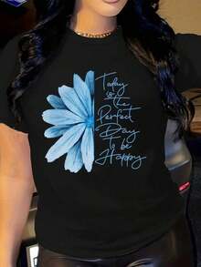 Camiseta de Mujer con Frases Inspiradoras, Estampado de Margaritas Azules, Camiseta Suave, Estilo Casual, Manga Corta, Top de Verano a la Moda - Negro - Ver 6