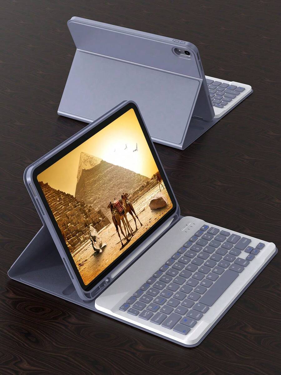 防震纯色材质翻盖保护套，带可拆卸无线蓝牙键盘，兼容配备150mAh电池的iPad，带Apple Pencil收纳槽，兼容iPad Air第五代（2022年）、第四代（2020年）、第六代（2024年，9.7英寸）和第七/八/九代（10.2英寸）。紫色/灰色可选，适合复活节或春季礼物。
