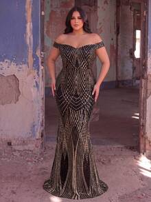 Plus Size Women's Gold Accent Mermaid Evening Gown, Suitable For Formal Parties, Charity Events, Weddings And Other Elegant Celebrations Party - Black - View 3