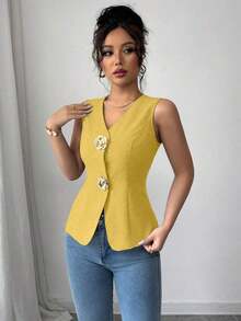 Blusa exterior con cuello en V ajustada con decoración de botones dorados con rosas - Amarillo - Ver 5