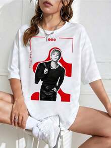 Playera Oversize con Estampado "Rock and Roll", Cuello Redondo, Casual y Juvenil - Blanco - Ver 1