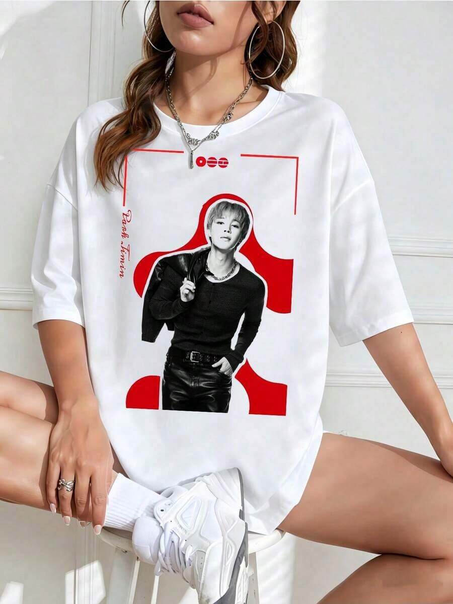 Playera Oversize con Estampado "Rock and Roll", Cuello Redondo, Casual y Juvenil - Blanco - Ver 1