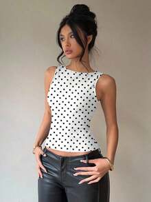 Blusa sin mangas con cuello redondo y lazo en la espalda, para uso casual y de oficina, en color negro con lunares rosas y marrones - Blanco 5 - Ver 4