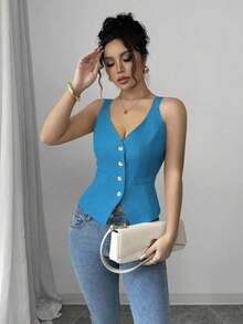 Camiseta sin mangas de un solo pecho de unicolor casual para mujer - Azul 2 - Ver 7