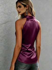 Blusa casual de verano blanca de longitud regular con top de camisola de satén y cuello con lazo para mujer - Morado - Ver 3