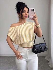 Camiseta casual de punto asimétrica y vintage, que estrecha la cintura y estiliza, con estilo francés de moda, adecuada para primavera/verano en el trabajo y para ir y venir - Amarillo - Ver 3