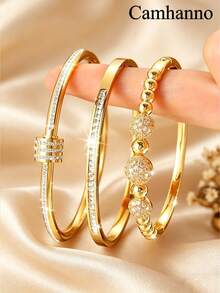 Camhanno 3/1pc - Gold-Plated Bracelet With Zirconia-Inlaid "Fortune-Turning" Beads. Fade-Resistant & Hypoallergenic. Features A Zirconia-Row And Roman-Pattern Design. A "Light Luxury" Style That Is Highly Versatile-Perfect For Daily Wear, Commuting, Or Dates. - Gold - View 2