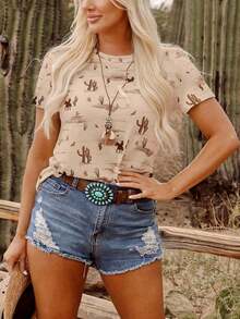 Camiseta de cuello redondo informal de estilo nostálgico occidental de vaquero del desierto con estampado de patrón de cactus en caqui - Caqui 2 - Ver 4