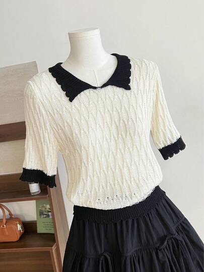 1 pieza Suéter dulce y suave para mujer, cuello de color contrastante, estilo universitario, elegante y versátil suéter de punto de moda