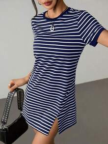 Vestido corto de manga corta para el verano con estampado de rayas y ribete a color block - Azul marino - Ver 4