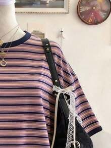 Camiseta casual de mujer de cuello redondo, hombros caídos y largo medio con estampado digital a rayas burdeos, un regalo para amigos - Multicolor 2 - Ver 3