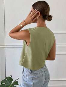 Chaqueta ajustada sin mangas de cuello redondo de unicolor para mujer, primavera/verano - Verde - Ver 2