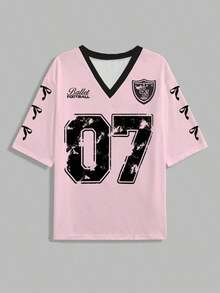 Camiseta casual con estampado de número 07 y letras para mujer, adecuada para el verano - Multicolor 2 - Ver 4