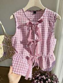 Camisa sin mangas a cuadros rojos y blancos tejida con nudo delantero para mujer - Rosa vieja - Ver 8