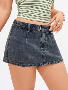 Minifalda de jean de moda con decoración de botón en la cintura para mujer - Azul lavado oscuro 3 - Ver 4