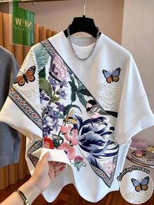 Camiseta de manga corta con cuello redondo y estampado floral, verano - Multicolor 3 - Ver 1