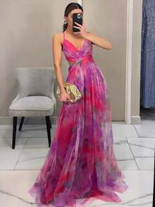 Dresses For WomenSpring And Summer New Mesh Printing Suspender Dress Vacation Casual Party DressLoose And Comfortablevestidos De Mujer - 紅色 - 查看 1