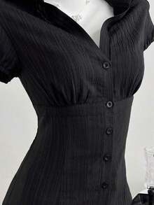 Camisa de mujer con cuello en V, cintura fruncida y manga corta, color blanco, para primavera/verano - Negro - Ver 4