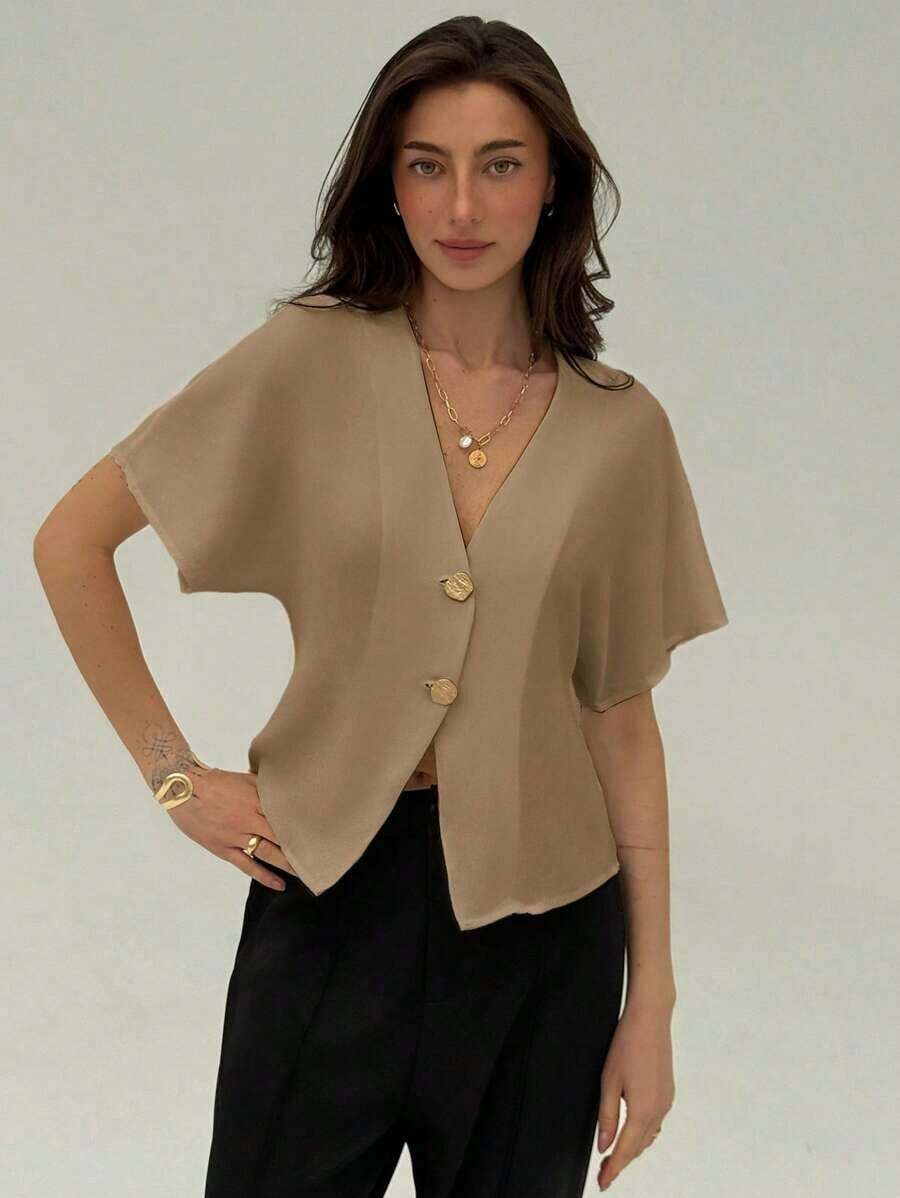 Camisa blanca sólida con mangas de murciélago, doble botonadura y frente abierto elegante - Caqui - Ver 1