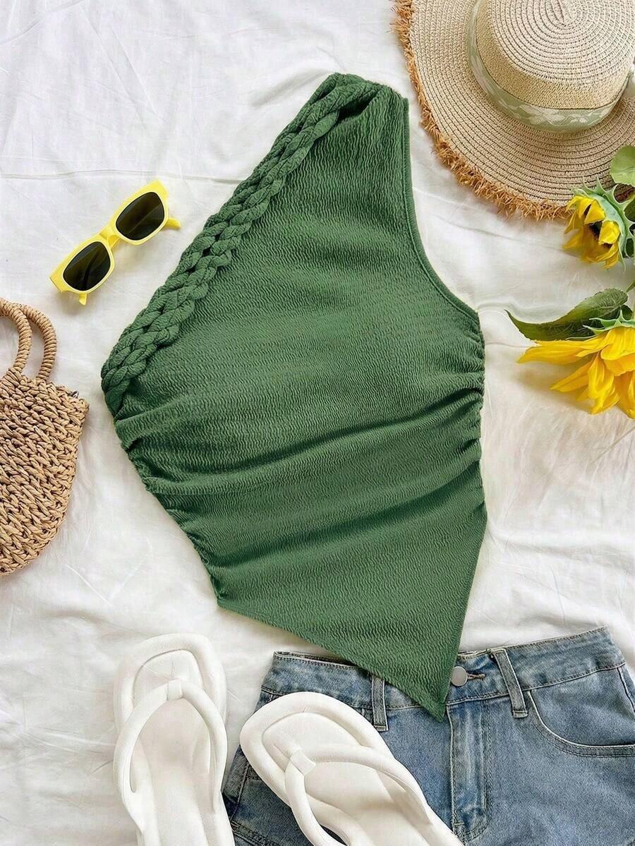 Blusa asimétrica del cuello para mujer para vacaciones de verano - Verde Oliva - Ver 1