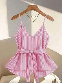 Camiseta sin tirantes casual de mujer con decoración de botones a rayas - Rosa - Ver 2