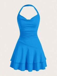 Vestido Rojo De Punto Sin Mangas Con Cuello Halter Y Doble Capa, Ajustado Para Mujer - Azul - Ver 5