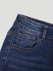 Explorewe Jeans de mezclilla estilo Y2K versátiles lavados y desgastados con pierna acampanada y elásticos para niñas adolescentes - Azul lavado oscuro - Ver 6