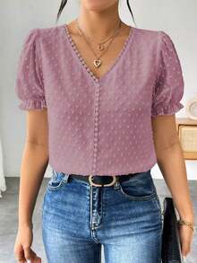 Blusa de gasa con estampado de lunares francés de moda para mujer, diseño elegante y elegante de manga corta con volantes para el verano - Morado - Ver 5