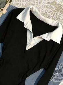Blusa casual de manga larga con cuello de contraste y diseño 2 en 1 para mujer - Negro 2 - Ver 2