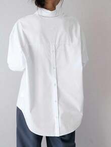 -Less Camisa de mujer de manga larga de un solo pecho, de unicolor, de hombros caídos, para uso casual y de negocios - Beis - Ver 4