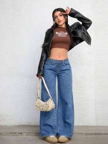 ICON Solid Color Wide Leg Pocket Jeans, Casual And Versatile - Medium Wash Blue 5 - View 6