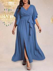 Vestido maxi elegante de fiesta con abertura, cuello en V ajustado, mangas acampanadas y cintura fruncida, talla grande para mujer - Niebla azul - Ver 3