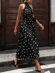 Vestido elegante y sexy con estampado de lunares, espalda descubierta y cuello con lazo, adecuado para fiestas y vacaciones - Negro - Ver 4