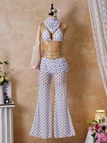 Conjunto de bikini primavera/verano 2026 para mujer, conjunto de bikini de lunares blanco y negro estilo vintage francés combinado con pantalones de malla de pierna ancha sexy y elegante, accesorio de pañuelo de cabeza a la moda, conjunto de playa y traje de baño para mujer, adecuado para vacaciones en la playa y fiestas en la piscina - Blanco - Ver 2